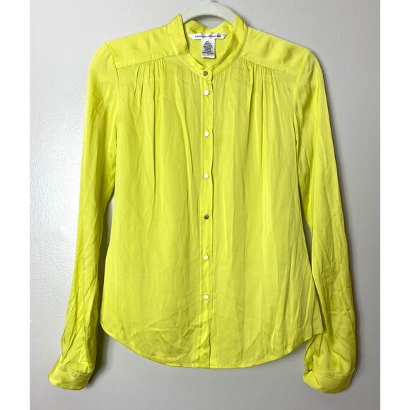 DIANE VON FURSTENBERG SHIRT 8 SILK DVF TOP BLOUSE YELLOW BUTTON UP OFFICE WORK - Picture 1 of 13